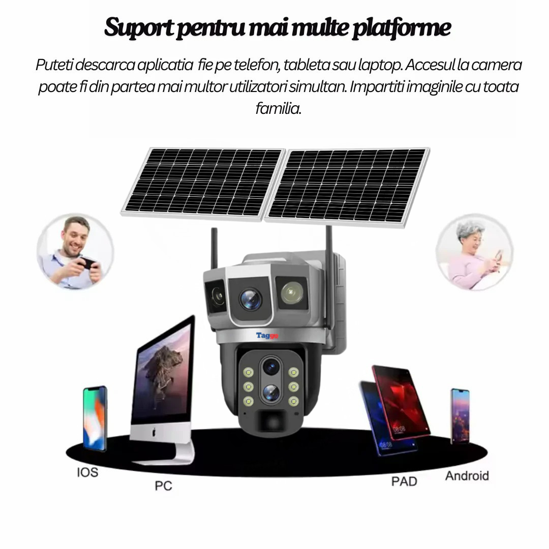 Camera Supraveghere Solara 4G 4K Ultra HD, Zoom 10X, Panou 10W, Rotire Din Aplicatie, Rezistenta La Apa IP 66