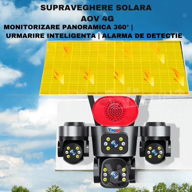 Camera de Supraveghere 4 Lentile, 16MP, Dublu Panou Solar, Conexiune 4G, Control din Aplicatie, Viziune Colora si IR, Comunicare Bidirectionala, Protectie IP66