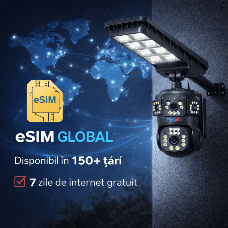 Lampa Stradala cu Camera 4G/ eSIM, 8MP, Inregistrare Continua 24/7 AOV, Viziune Color pe timp de noapte