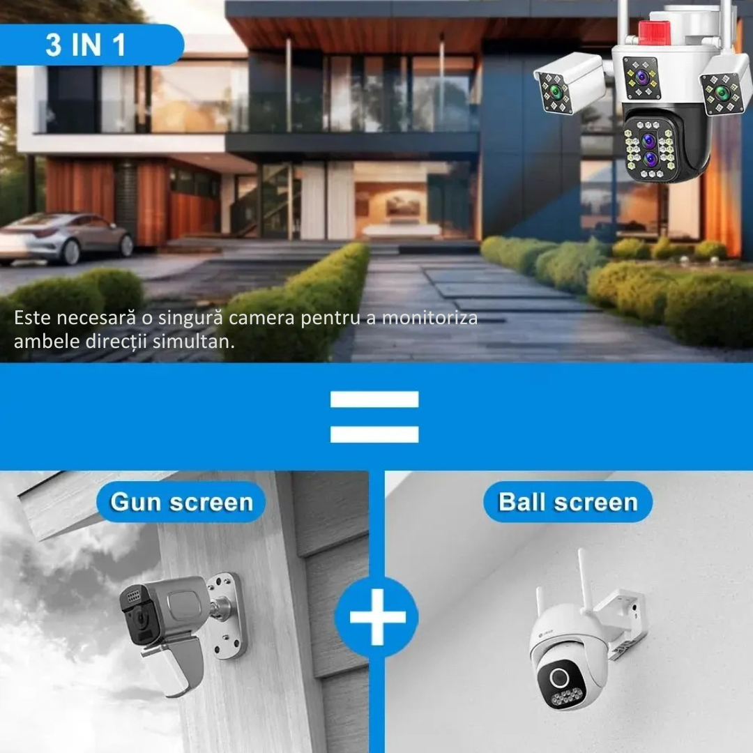Camera de supraveghere WIFI 6K, 12MP, 4 lentile, ZOOM 10X,  Control din aplicatie, Comunicare bidirectionala, Urmarire automata, Multi lens