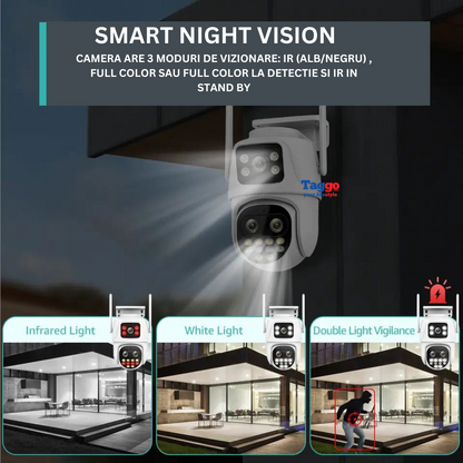 Camera de supraveghere WIFI 6K, 3 lentile, Zoom 8X, Control din aplicatie, Urmarire automata, Rezistenta la apa IP66