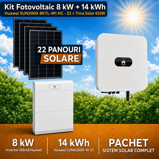 Sistem Fotovoltaic Complet 8 kW cu 22 Panouri Trina Solar 455W + Invertor Hibrid Huawei 8 kW Trifazat + Stocare LiFePO4 14 kWh