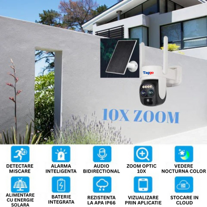 Camera Supraveghere Exterior 4G 4K Ultra HD, Dual Camera 4MP+4MP, 10X Optical ZOOM, Incarcare Solara, Rotire Din Aplicatie, Rezistenta La Apa IP 66