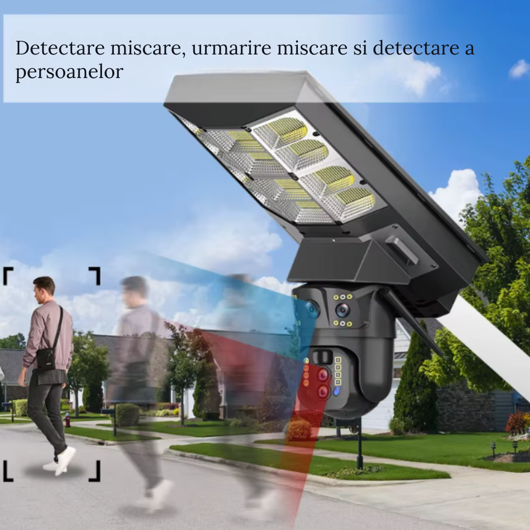 Lampa stradala cu camera 4G si incarcare solara, 8MP cu Vedere Nocturna, Zoom 10X,Urmarire Automata si Comunicare Bidirectionalal