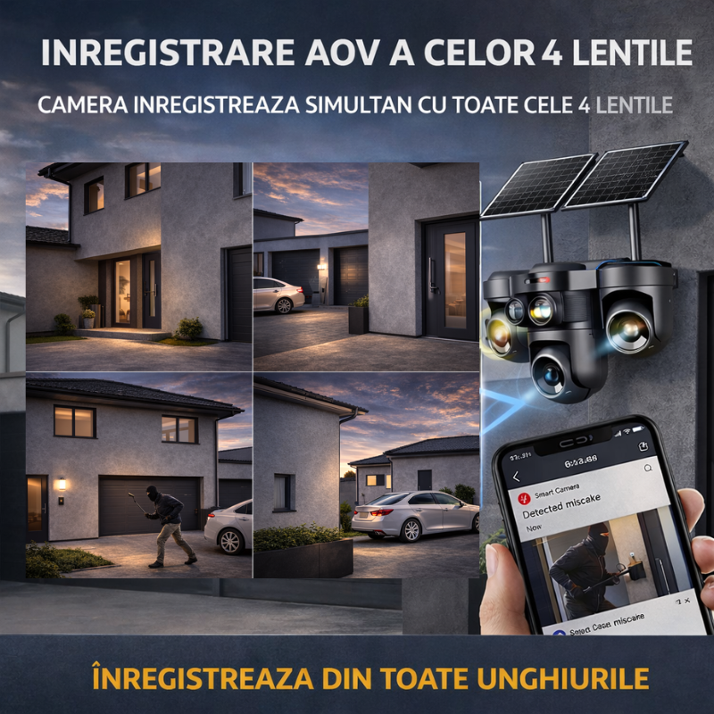 Camera de supraveghere 4G cu dublu panou solar, 12MP, 4 lentile, functie AOV, comunicare bidirectionala, detectie umana AI