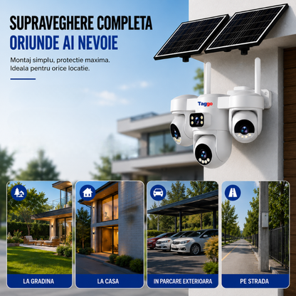 Camera Supraveghere WiFi Solara 16MP cu Dublu Panou Solar, 4 Lentile, AOV, PTZ 355°, Detectie AI