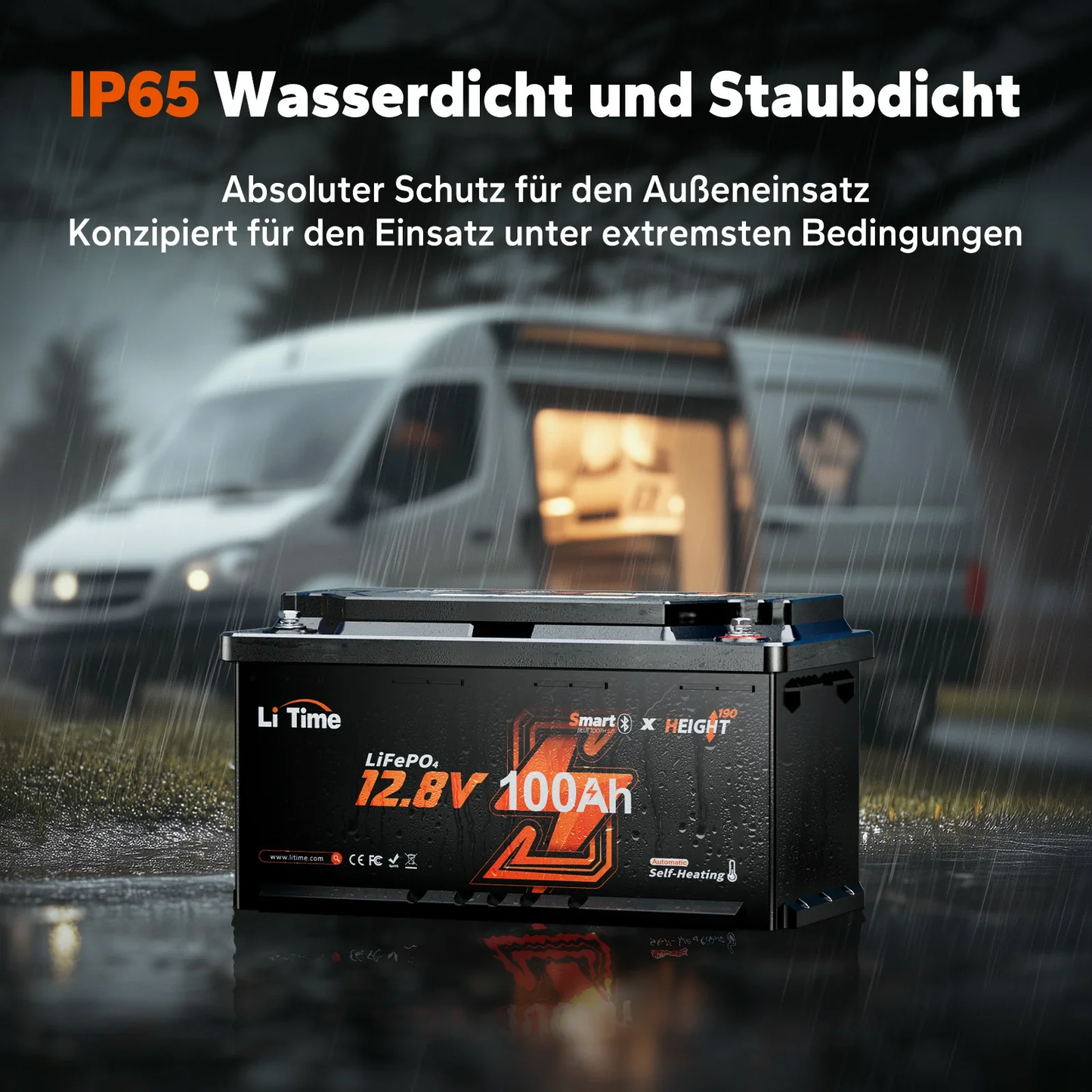 Acumulator LiTime LiFePO4 12V 100Ah – BMS 200A Descarcare Continua, Bluetooth, Incalzire Integrata, IP65, 358x177x189mm