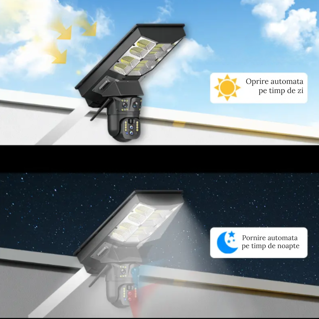 Lampa stradala cu camera 4G si incarcare solara, 8MP cu Vedere Nocturna, Zoom 10X,Urmarire Automata si Comunicare Bidirectionalal