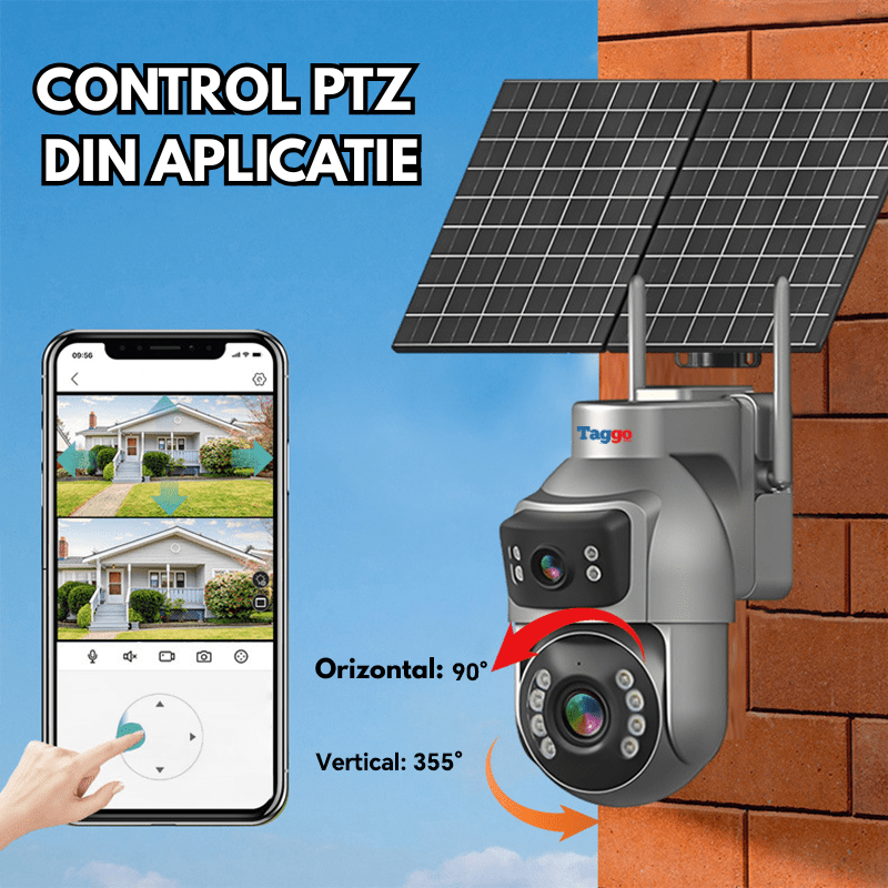 Camera Supraveghere cu Panou Solar Dublu TAGGO pentru exterior, conexiune 4G 4K, Inregistrare Continua AOV, Zoom Optic 36x
