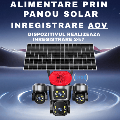 Camera de Supraveghere 4 Lentile, 16MP, Dublu Panou Solar, Conexiune 4G, Control din Aplicatie, Viziune Colora si IR, Comunicare Bidirectionala, Protectie IP66