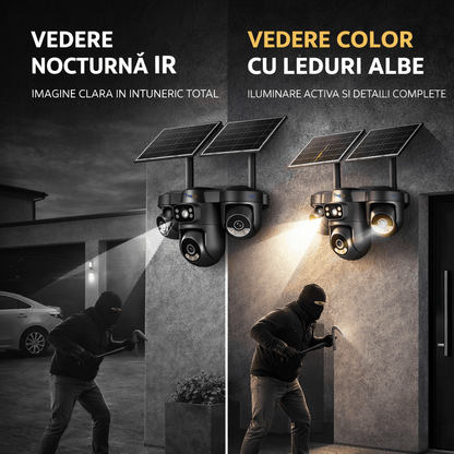 Camera de supraveghere 4G cu dublu panou solar, 12MP, 4 lentile, functie AOV, comunicare bidirectionala, detectie umana AI