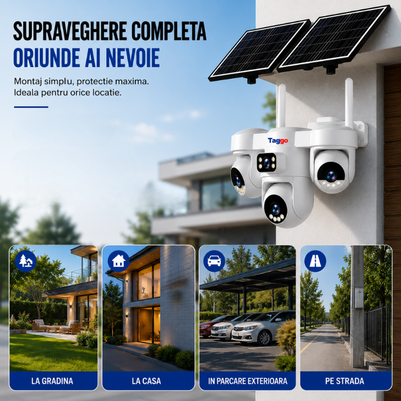 Camera Supraveghere WiFi Solara 12MP cu 3 Lentile, PTZ, AOV, AI si Comunicare Bidirectionala