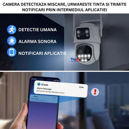 Camera de supraveghere WIFI 6K, 3 lentile, Zoom 8X, Control din aplicatie, Urmarire automata, Rezistenta la apa IP66