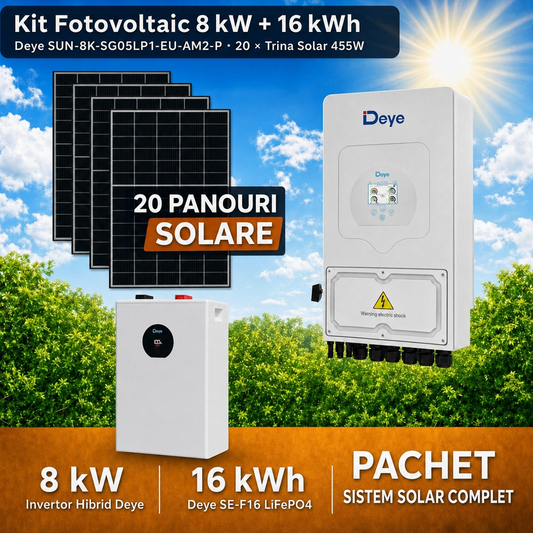 Sistem Fotovoltaic Complet 8 kW cu 20 Panouri Trina Solar 455W + Invertor Hibrid Deye 8 kW Monofazat LV + Stocare LiFePO4 16 kWh