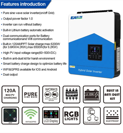 Invertor solar EASUN SMH III 4.2kW Off-Grid 24V cu MPPT 120A, comunicatie baterii litiu, WiFi inclus