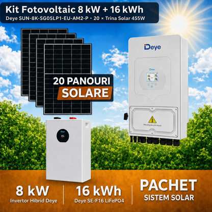 Sistem Fotovoltaic 8 kW cu 20 Panouri Trina Solar 455W + Invertor Hibrid Deye 8 kW Monofazat LV + Stocare LiFePO4 16 kWh