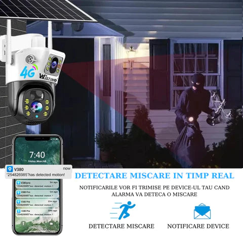 Camera Supraveghere 4G 4K Ultra HD, Dual Camera 8MP, Incarcare Solara, Rotire Din Aplicatie, Rezistenta La Apa IP 66
