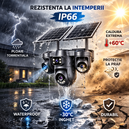 Camera de supraveghere 4G cu dublu panou solar, 12MP, 4 lentile, functie AOV, comunicare bidirectionala, detectie umana AI