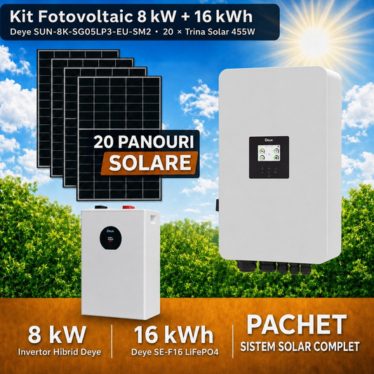 Sistem Fotovoltaic Complet 8 kW cu 20 Panouri Trina Solar 455W + Invertor Hibrid Deye 8 kW Trifazat LV + Stocare LiFePO4 16 kWh