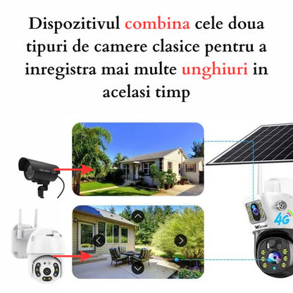 Camera Supraveghere 4G 4K Ultra HD, Dual Camera 8MP, Incarcare Solara, Rotire Din Aplicatie, Rezistenta La Apa IP 66
