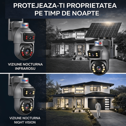 Camera Supraveghere cu Panou Solar Dublu TAGGO pentru exterior, conexiune 4G 4K, Inregistrare Continua AOV, Zoom Optic 36x