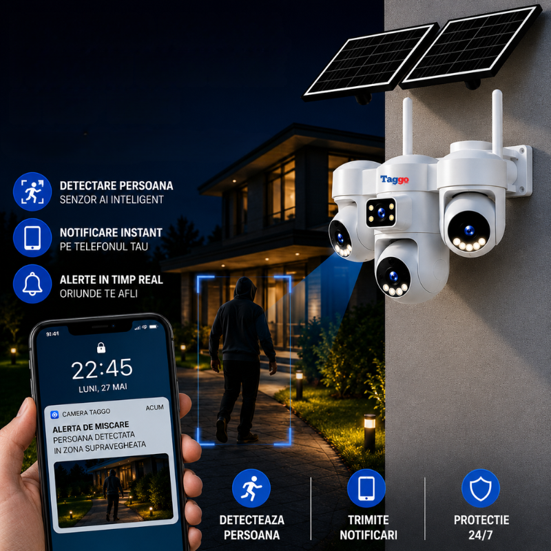 Camera Supraveghere WiFi Solara 16MP cu Dublu Panou Solar, 4 Lentile, AOV, PTZ 355°, Detectie AI