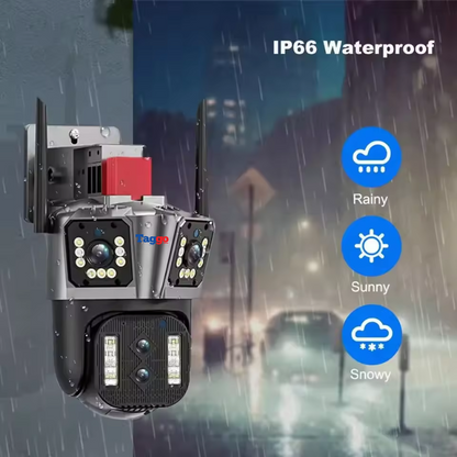 Camera de supraveghere Zoom 10X, WIFI 8K, 16MP, 4 lentile, Control din aplicatie, Comunicare bidirectionala, Urmarire automata, Card 128GB