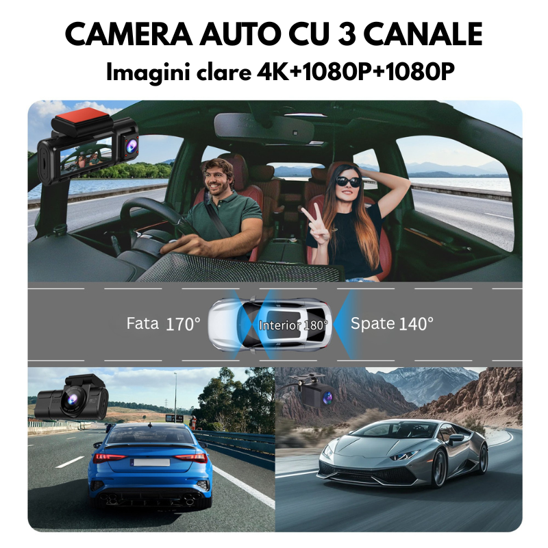 Camera auto Tripla TAGGO WIFI Fata 4K + Interior 1080p + Spate 1080p, Monitorizare Parcare 24h