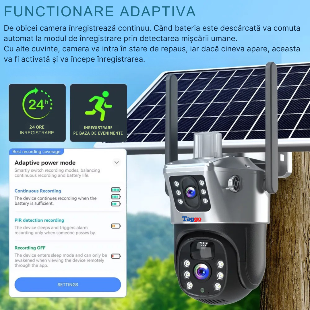Camera Supraveghere WIFI 4K Ultra HD, Dual Camera 8MP, Incarcare Solara, Rotire Din Aplicatie, Rezistenta La Apa IP 66, Card de 64 GB