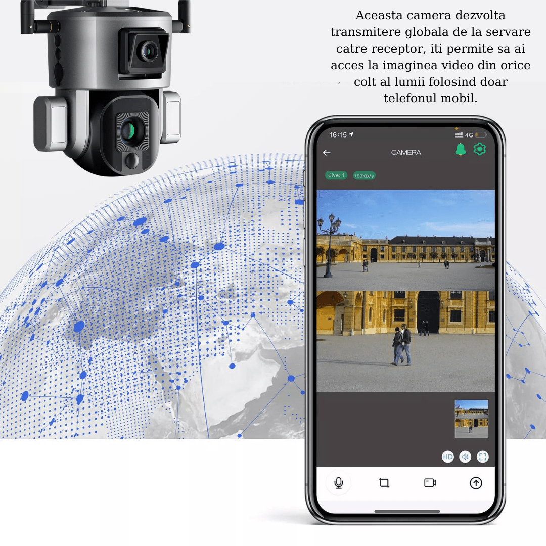 Camera de supraveghere exterior wireless WISTINO 4K Ultra HD, dual, zoom optic 10x, alimentare solară, rezistentă la apă IP66.