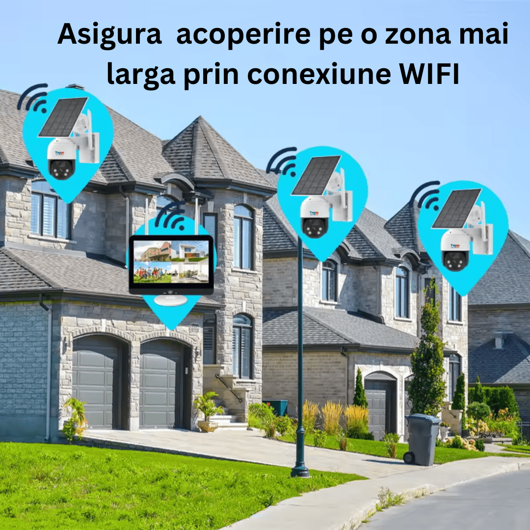 Sistem supraveghere exterior cu 4 camere wireless, HD 4MP, monitor LCD, IR 30m, cu încărcare solară, marca Taggo.ro