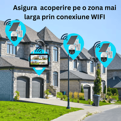 Sistem supraveghere exterior cu 4 camere wireless, HD 4MP, monitor LCD, IR 30m, cu încărcare solară, marca Taggo.ro