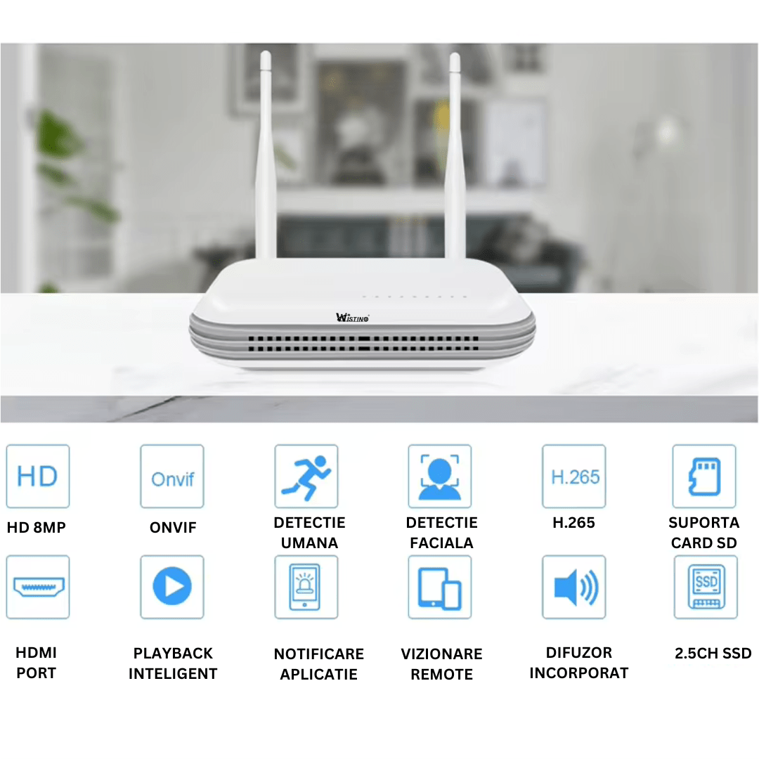 NVR WIFI cu 8 canale, rezoluție 8MP (4K), detectie facială și compresie H.265, control și monitorizare video.