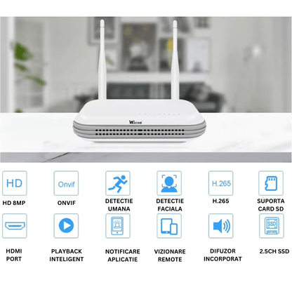 NVR WIFI cu 8 canale, rezoluție 8MP (4K), detectie facială și compresie H.265, control și monitorizare video.