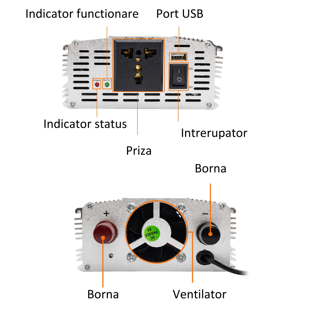 Invertor 2 in 1 cu incarcator baterii auto , 1000W 12V 220V, Port  USB, Functie UPS