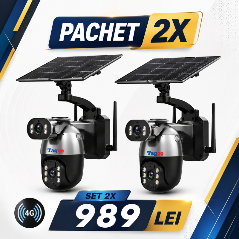 Pachet 1+1 Camere Supraveghere 4G Ultra HD, Dual Camera 6MP, Incarcare Solara, Rotire Din Aplicatie, Rezistenta La Apa IP 66