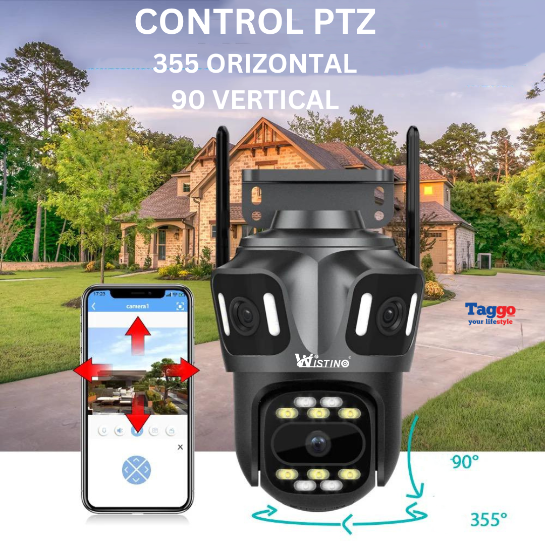 Camera de supraveghere WIFI 6K, 3 lentile, Control din aplicatie, Urmarire automata, Rezistenta la apa IP66 - Taggo.ro