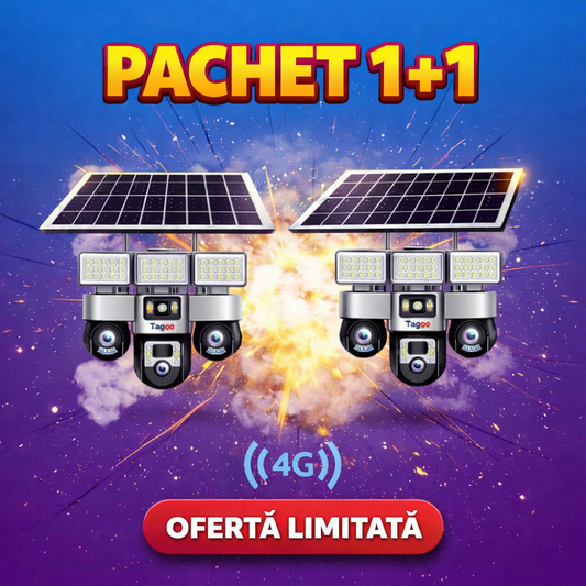 Două camere de supraveghere Fast Bundle cu panou solar, 12MP, detectie mișcare, vedere nocturnă și conectivitate 4G pentru siguranță.