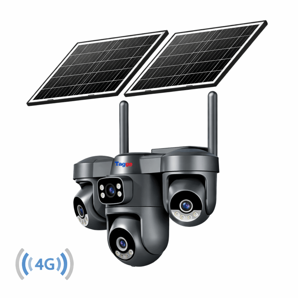 Camera de supraveghere 4G Taggo.ro cu dublu panou solar, 12MP, 4 lentile, funcție AOV și detectie umană AI.