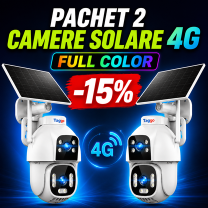 Două camere de supraveghere Fast Bundle cu panou solar, 4G, vizibilitate full color noaptea, pentru securitate și monitorizare outdoor.