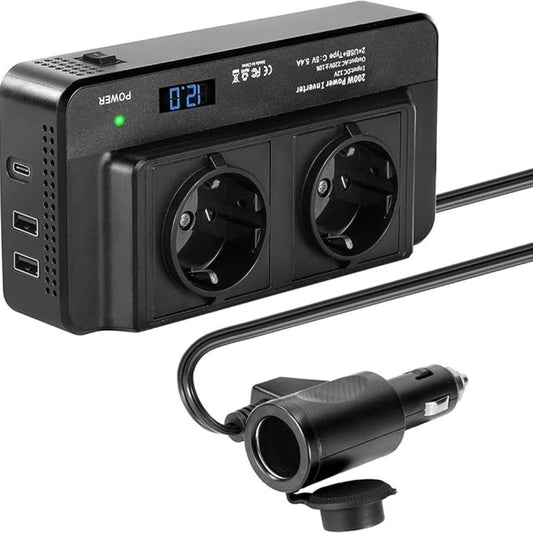 Invertor 400W, Priza EU Dubla 230V, 2 x Porturi USB, 1 x Port Type-C, Extensie Port Bricheta, Afisaj Digital