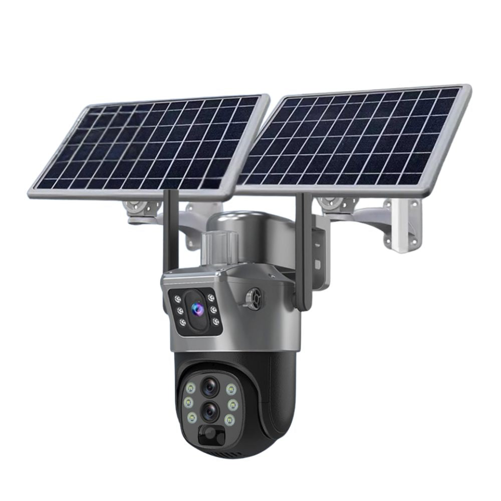 Camera supraveghere Gri 4G 4K ULTRA HD, 8MP, ZOOM 10X, 2 x Panou solar 10W, Rezistenta la apa IP66 + Card 64GB