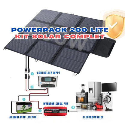 PowerPack 200 Lite – Kit Solar Complet cu Panouri, Controller, Baterie LiFePO4 și Invertor Sinus Pur