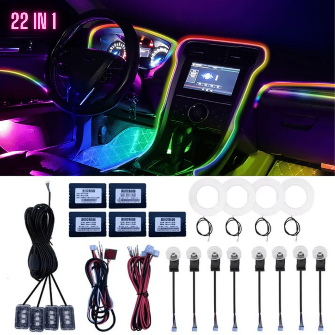 Kit Lumini Ambientale RGB 12V pentru Interior Auto, 22 in 1, Acrilic, 64 Culori, Iluminare Bord, Usi, Manere, Boxe, Buzunare si Podea, Control prin Aplicatie Bluetooth