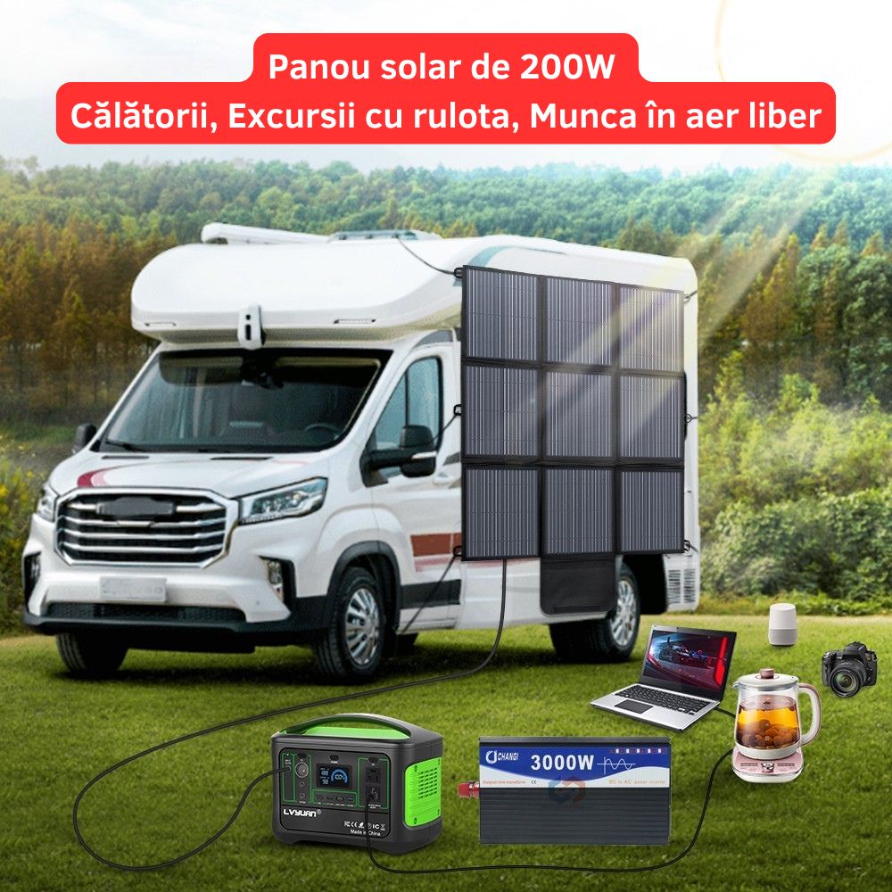 Panou Solar 200W Pliabil Portabil cu design flexibil, IP67, cablu de incarcare MC4 la Anderson/XT60/DC5521/7909