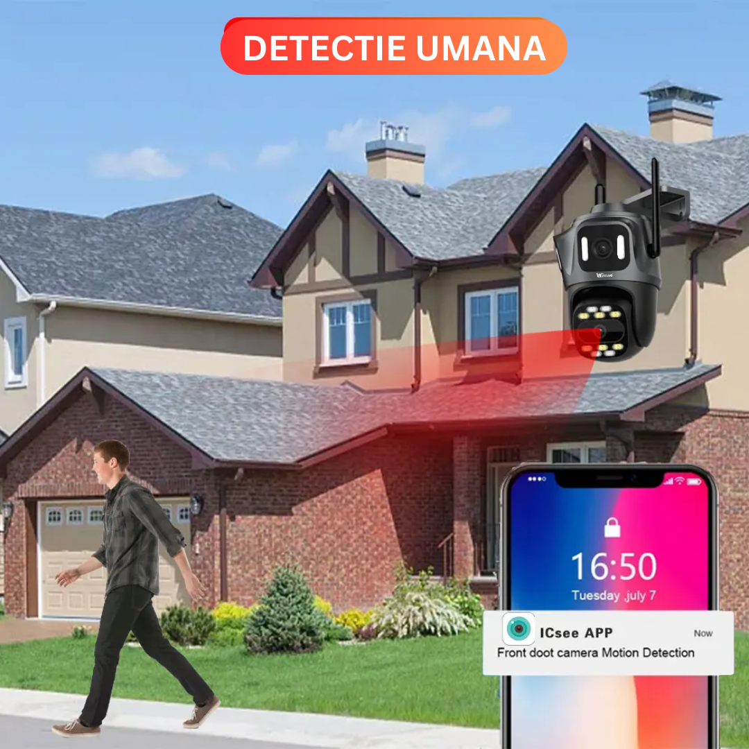 Camera de supraveghere WIFI 6K, 3 lentile, Control din aplicatie, Urmarire automata, Rezistenta la apa IP66 - Taggo.ro