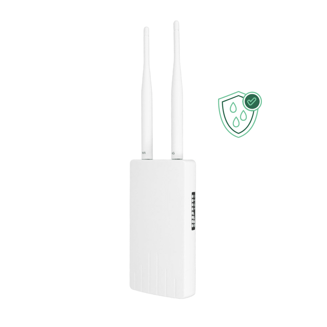 Router exterior IP65 wireless Taggo.ro cu 300Mbps, slot SIM 4G/5G, antene externe și port LAN, pentru utilizare în exterior.