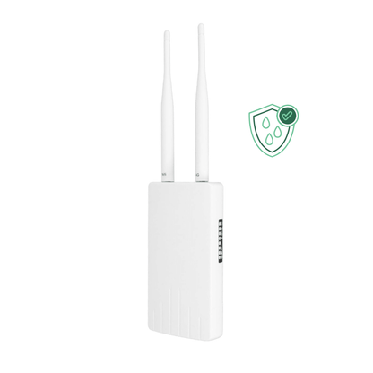Router exterior IP65 wireless Taggo.ro cu 300Mbps, slot SIM 4G/5G, antene externe și port LAN, pentru utilizare în exterior.