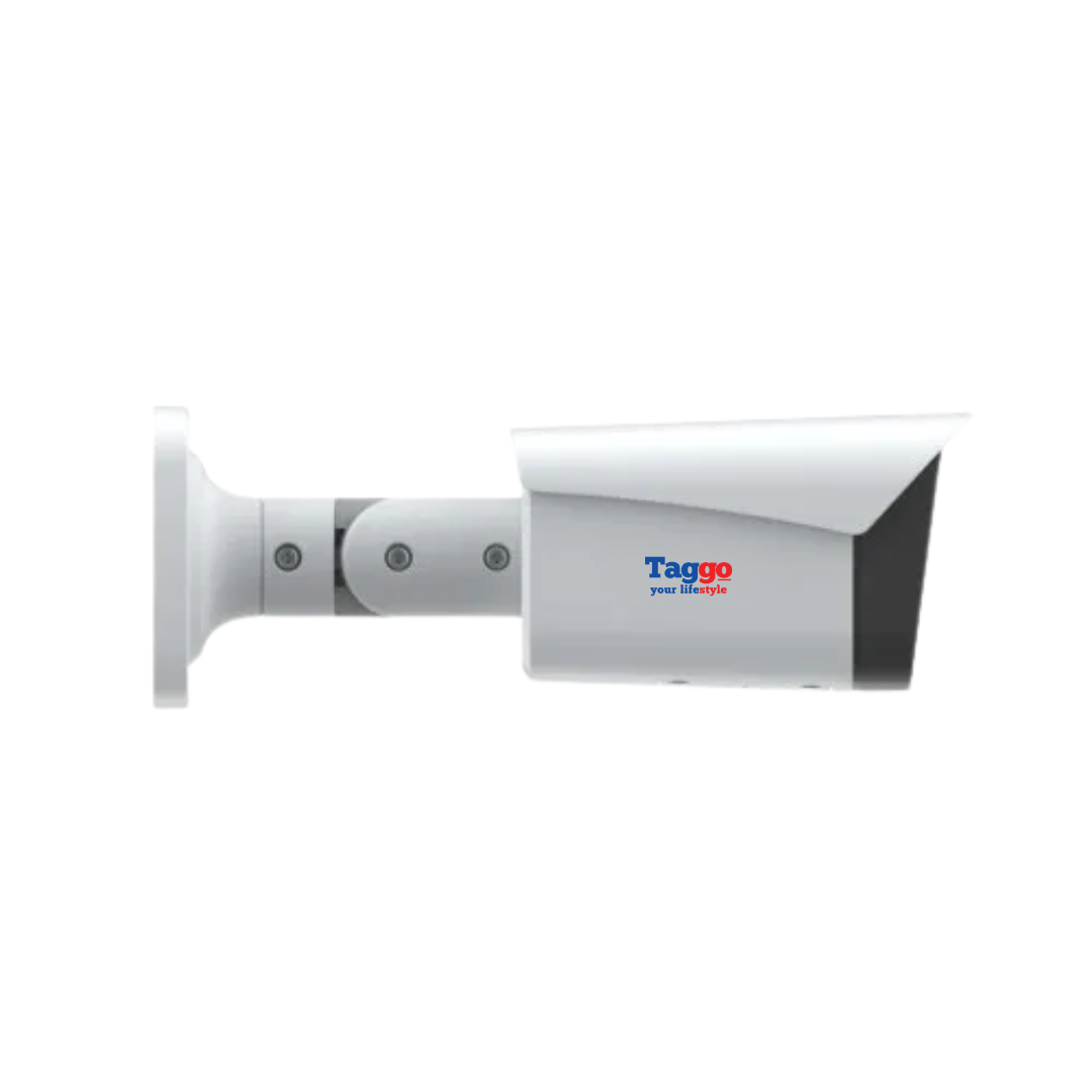 Camera de supraveghere Bullet IP 5MP Taggo cu vedere nocturnă, microfon și alimentare PoE pentru securitate exterioară.