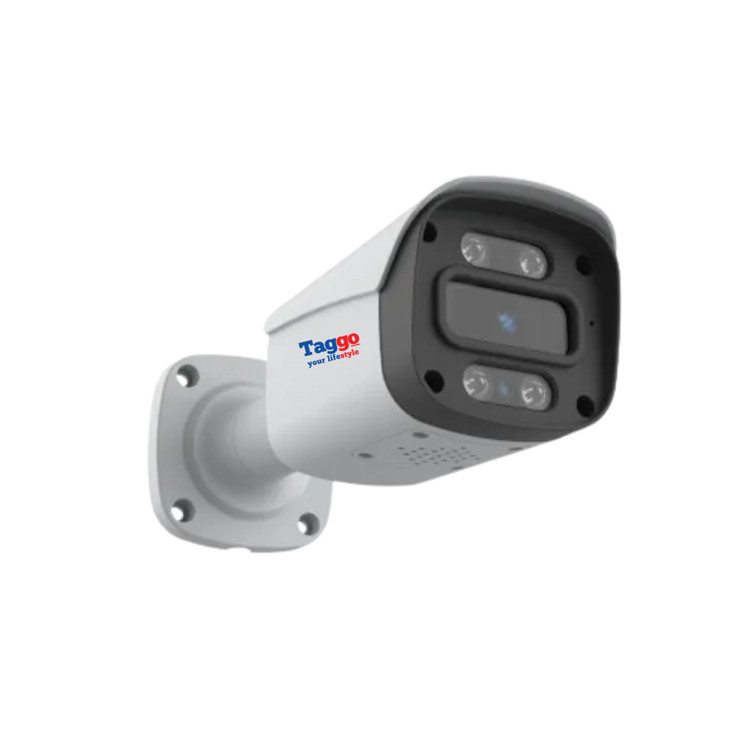 Camera supraveghere Bullet IP 5MP PoE cu vedere nocturnă și microfon, design modern și rezistent pentru securitate.